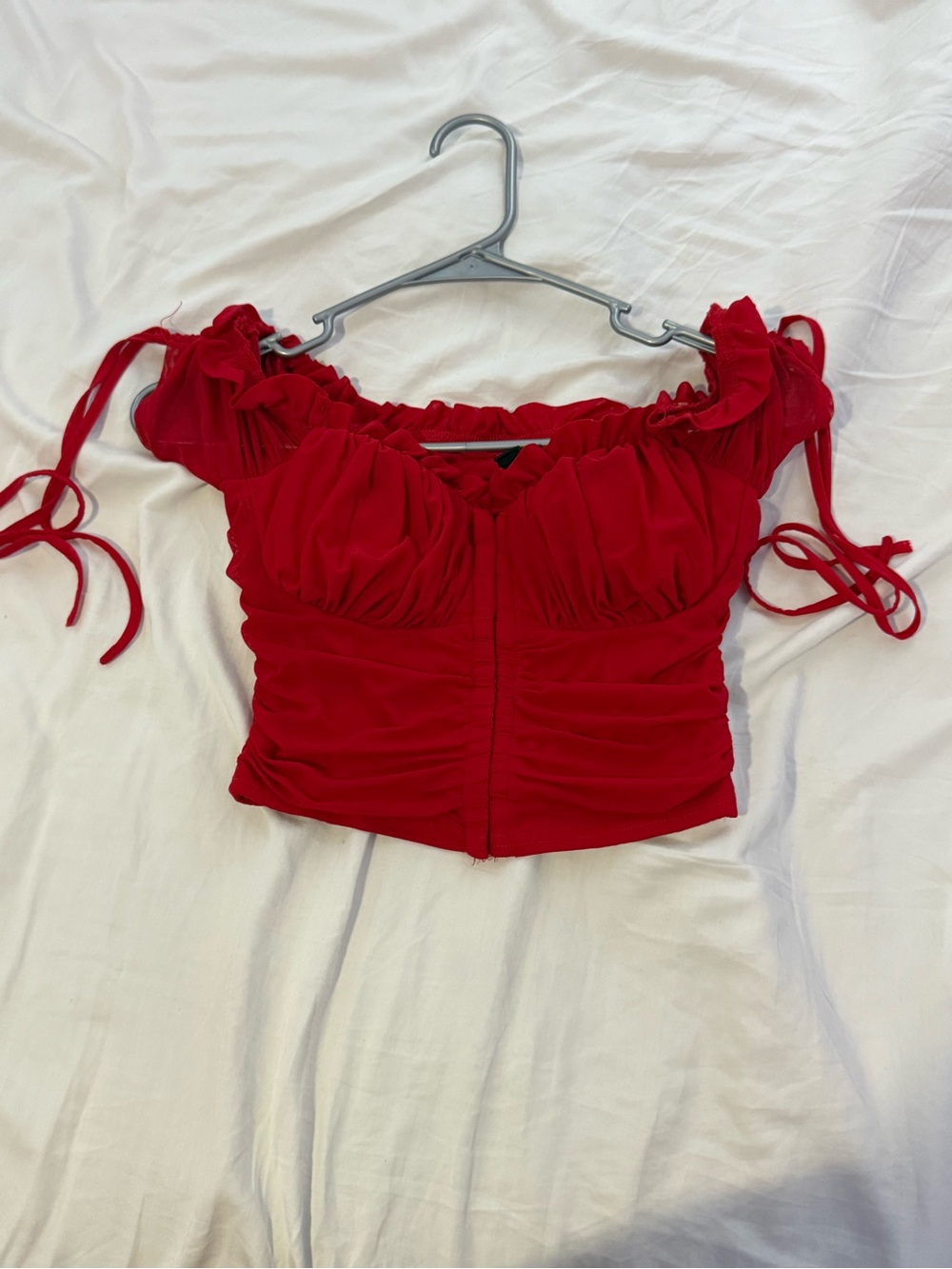 Windsor Red Ruched Off-Shoulder Crop Top